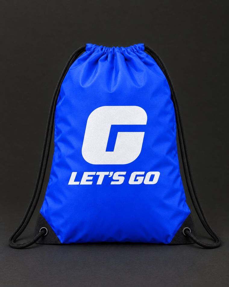 Blue drawstring bag with Let’s Go print