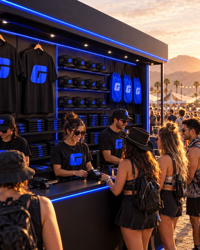 Let’s Go merch booth stocked with tees, hats and bags, with a line of guests