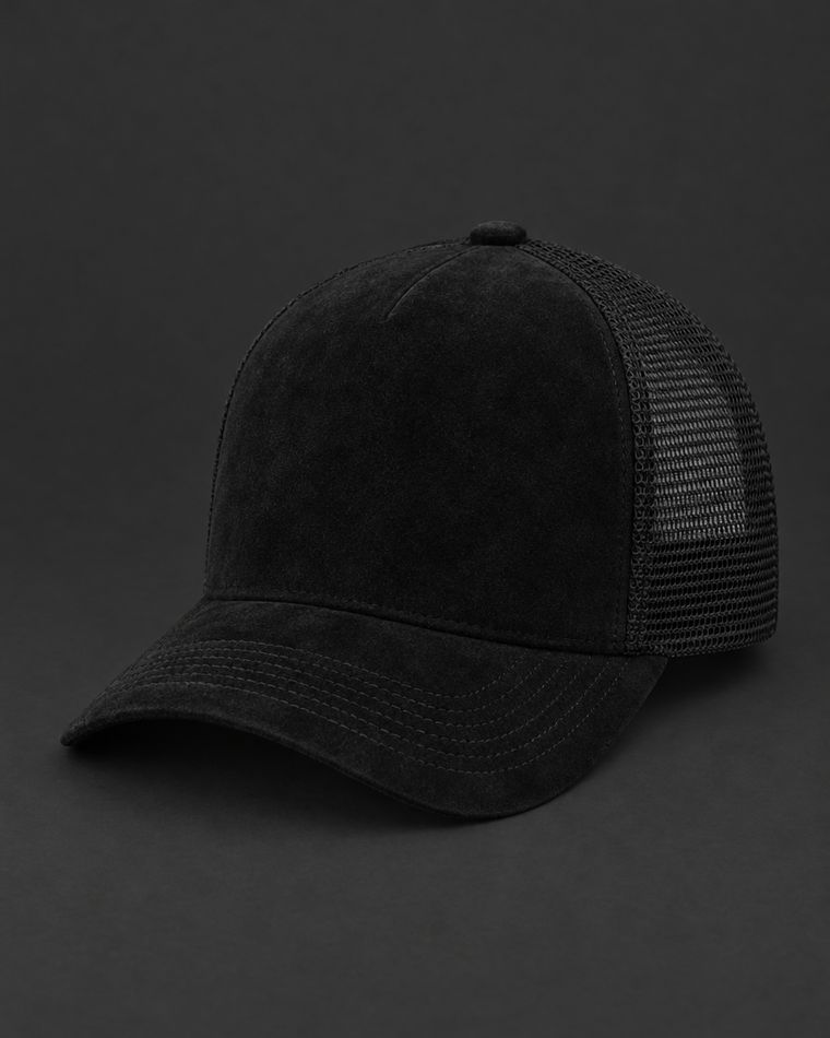 Black suede trucker hat, blank