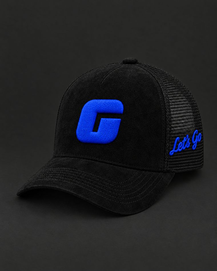 Black trucker hat with blue Let’s Go mark and side script